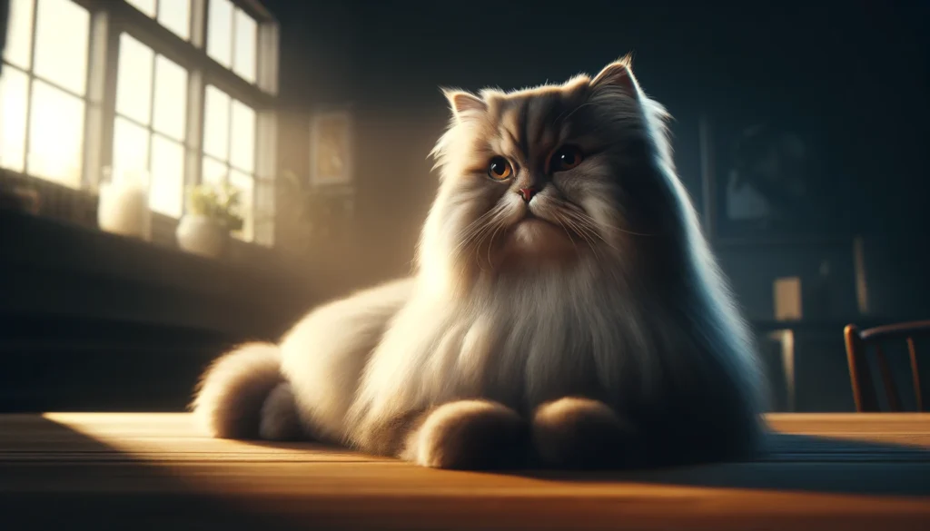 Image of an optimally weighted Persian cat, depicted in a relaxed pose, showcasing its well-proportioned body