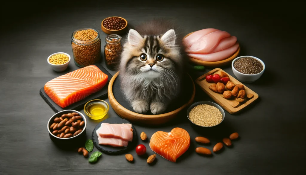 Visual illustrates a Persian kitten with foods that cater to its unique dietary needs
