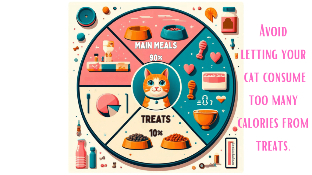 Visual illustrating the distribution of a cat's calories between regular meals and treats.