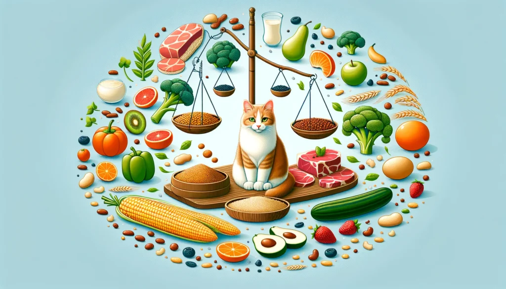 an image that illustrates the important role of non-protein ingredients in a cat's diet, showing a balance between grains, vegetables, and fruit. 