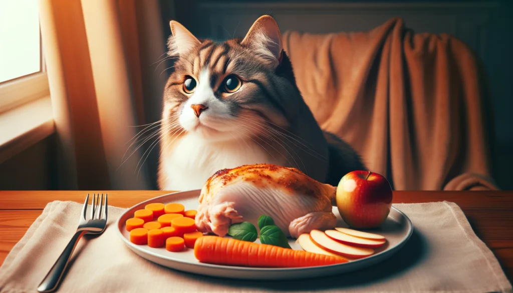 image capturing the moment a cat gazes longingly at a dinner plate filled with safe human foods.