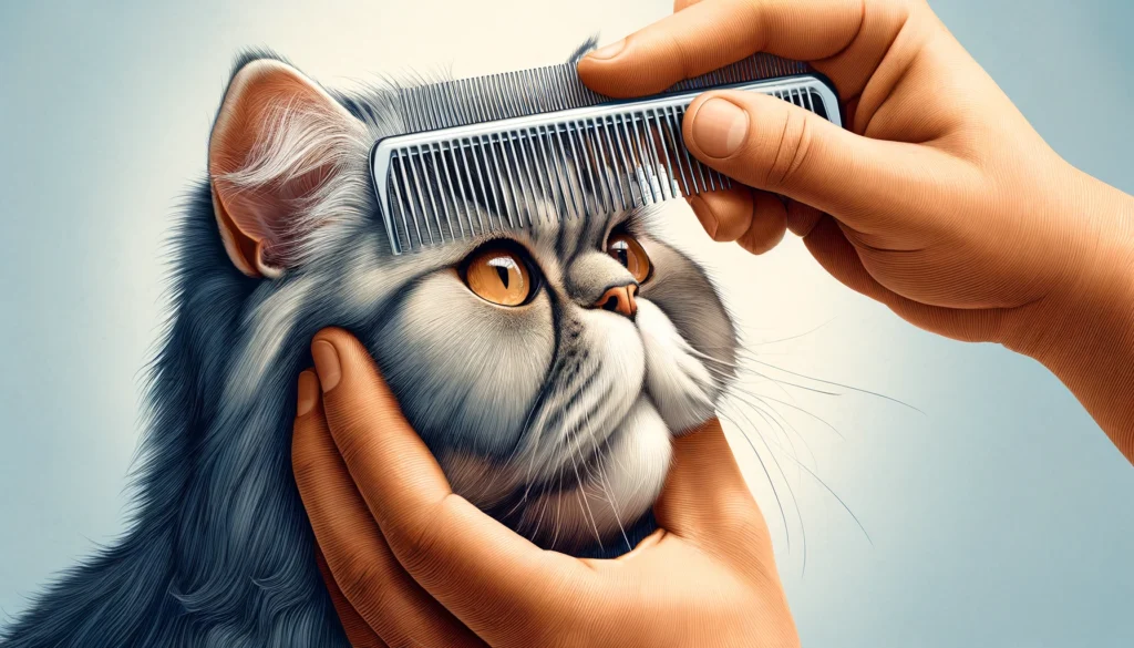 image of a Persian cat being groomed with a fine-tooth comb, focusing specifically on the combing of the face.