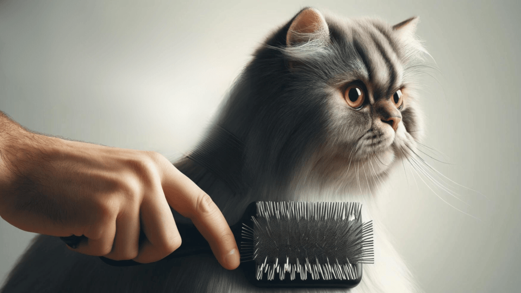 image of a Persian cat being groomed with a slicker brush, focusing on the grooming technique.