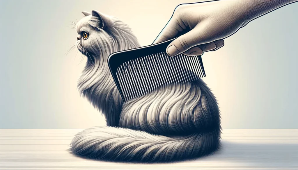 image of a Persian cat being groomed with a wide-tooth comb.