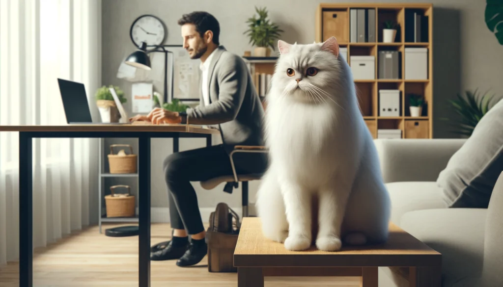 image of a Persian cat in a home office, sitting next to a person who is working on a laptop showing how it is to live with a Persian cat