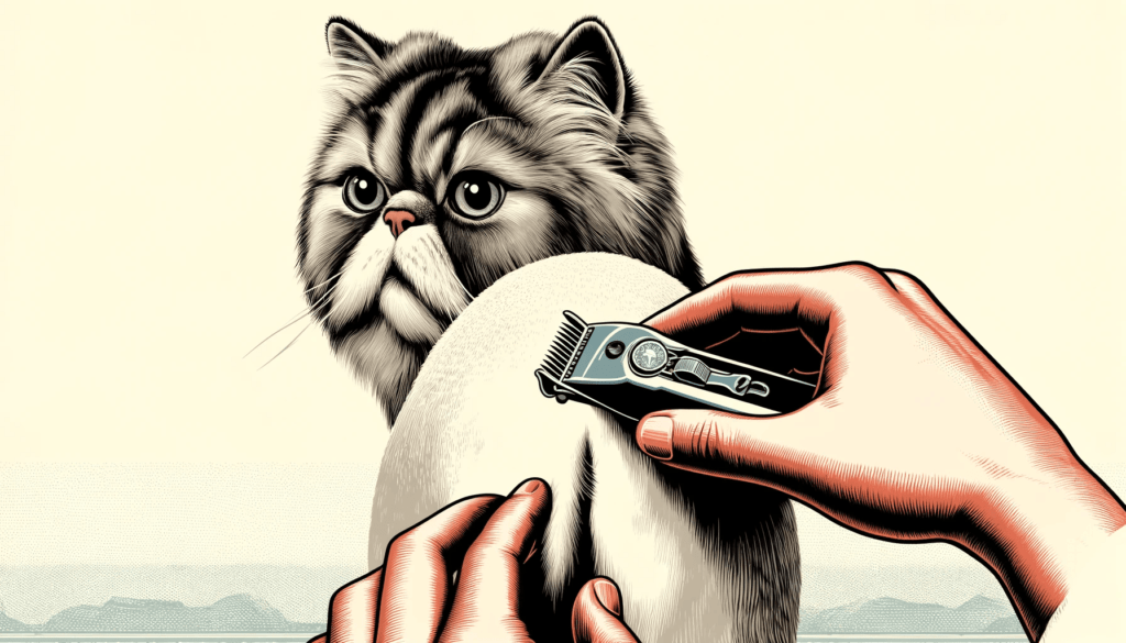 image of grooming a Persian cat's hindquarters with a small, quiet pair of clippers. Show the Persian cat from behind