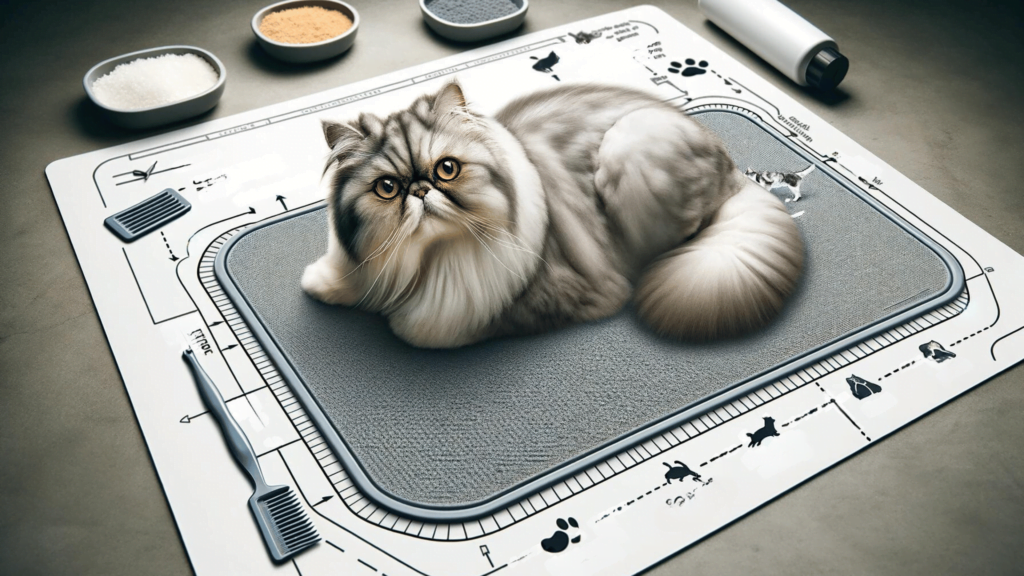 image showcasing a Persian cat on a non-slip grooming mat