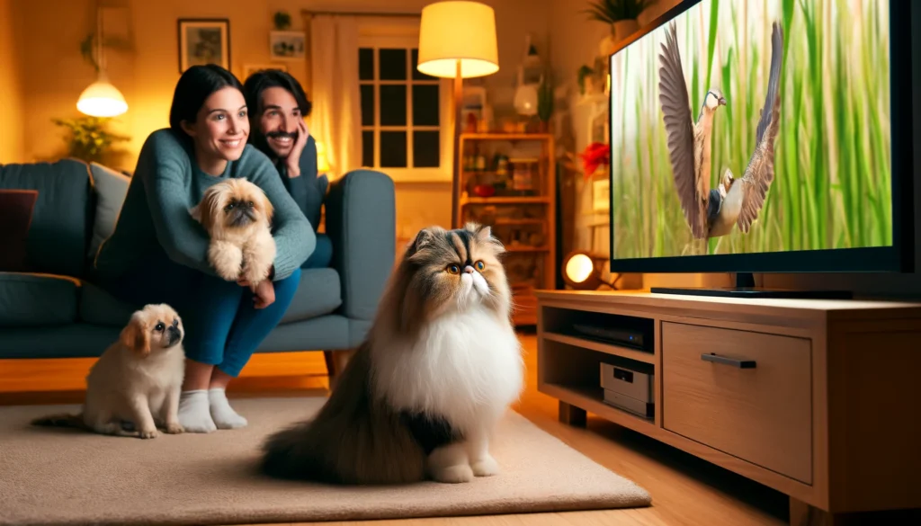 scene featuring a Peke-face Persian cat and its family in a cozy living room. The cat, displaying its characteristic affectionate nature towards family members