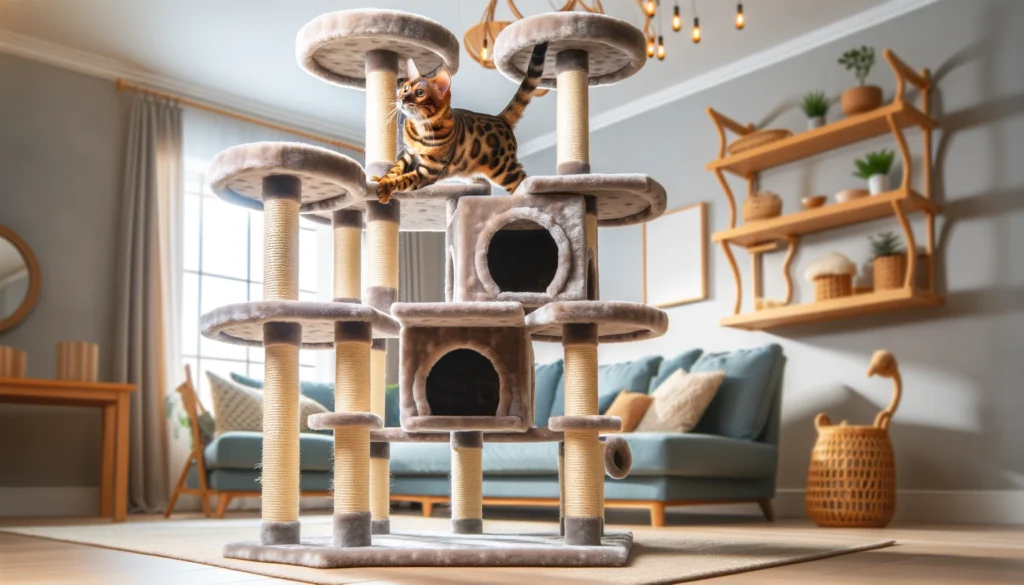 A Bengal cat climbing on a large, multi-level cat tree in a cozy indoor setting. The cat tree has various levels, perches, and hideouts listed as one of the way on how to exercise a Bengal cat