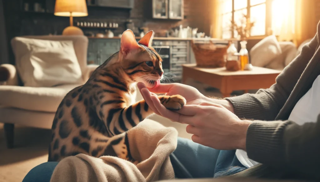 Image of A Bengal cat grooming its owner to showcase affection. 