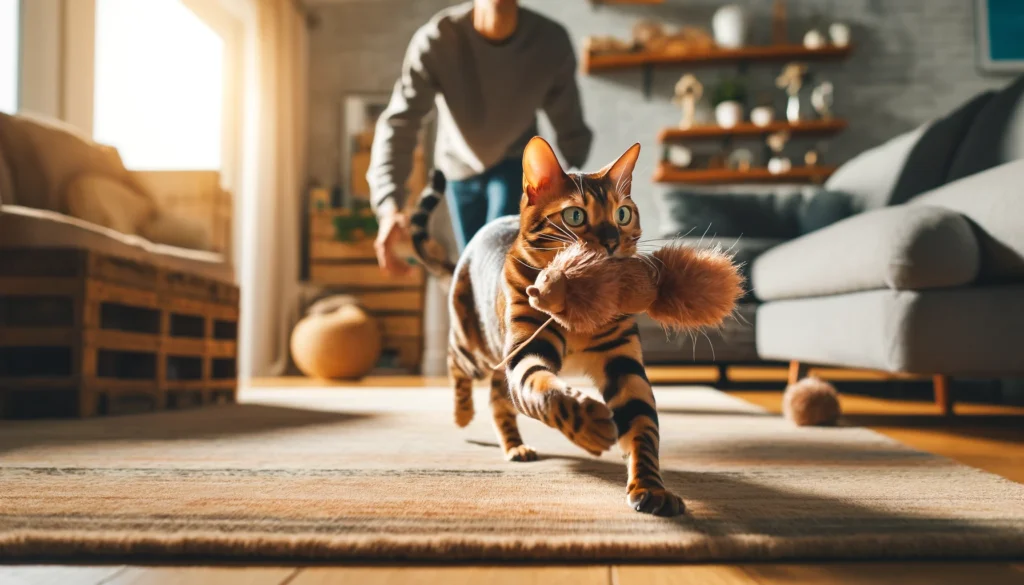 A Bengal cat playing fetch and retrieve with its owner in a cozy indoor setting listed as one of the ways on how to exercise a Bengal cat