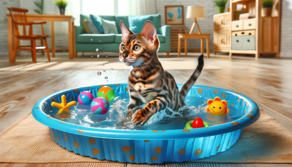 A Bengal cat playing in a shallow kiddie pool with floating toys listed as one of the ways to exercise a Bengal Cat