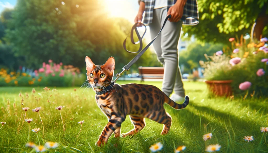 A Bengal cat walking on a leash with its owner in a beautiful outdoor setting listed as one of the ways to exercise a Bengal Cat