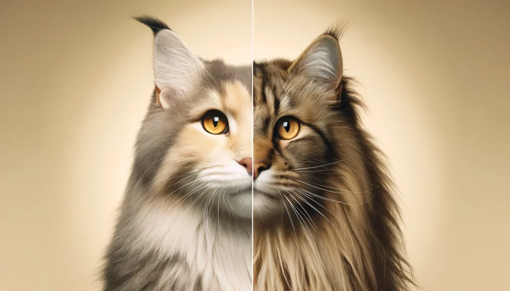 A Maine Coon cat and a Norwegian Forest Cat side by side, highlighting their genetic similarities. Explaining why Maine Coons are so big