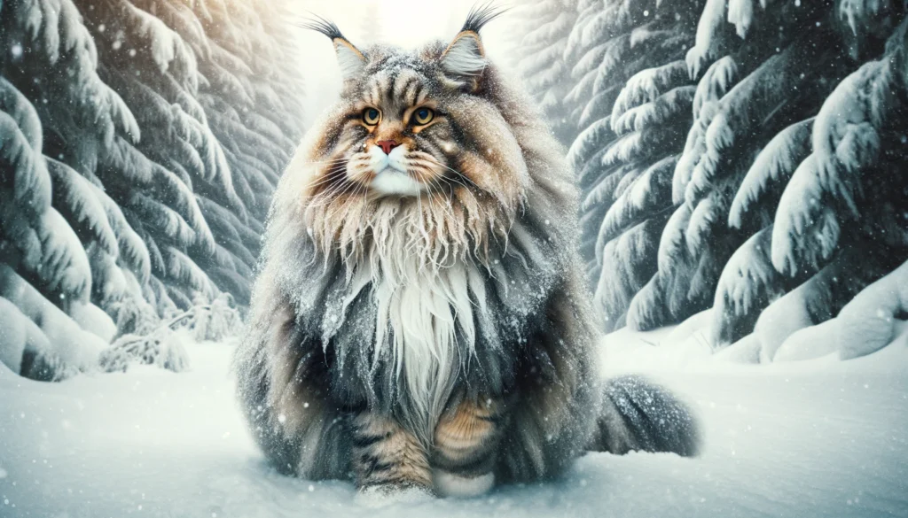 A Maine Coon cat in a snowy, harsh environment to illustrate natural selection. which is one of the reasons why Maine Coons are so big