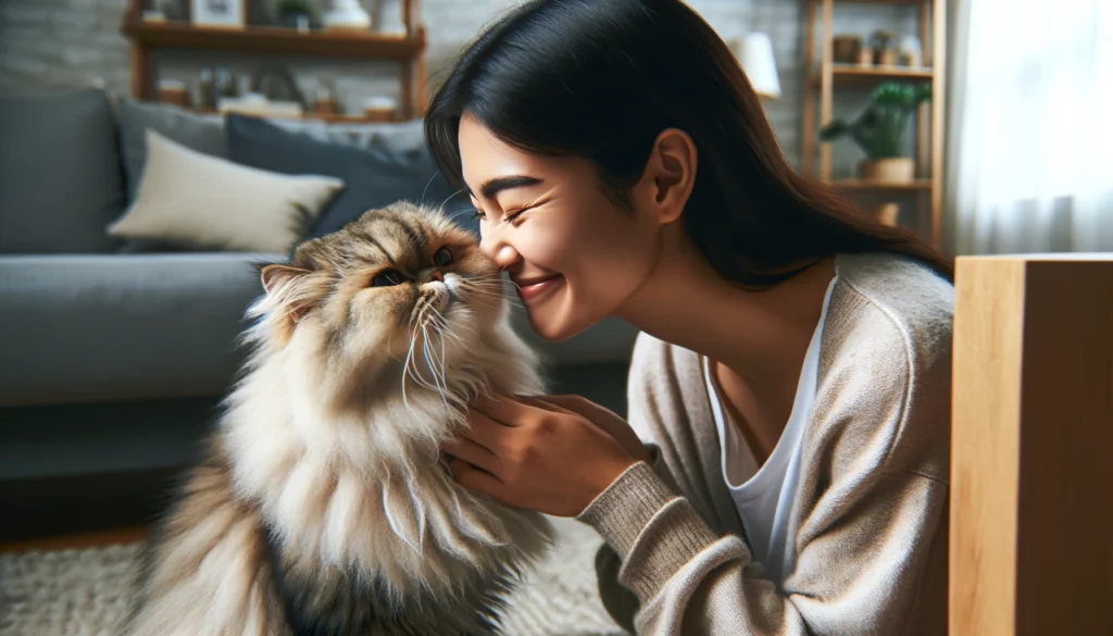 Image of A Persian cat affectionately cheek rubbing and head-butting its owner in a comfortable living room setting. The cat, with fluffy, luxurious fur