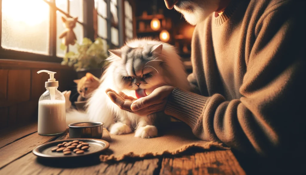 A scene of a Persian cat grooming its owner in a cozy home environment listed as one of the ways How Persian Cats Show Love