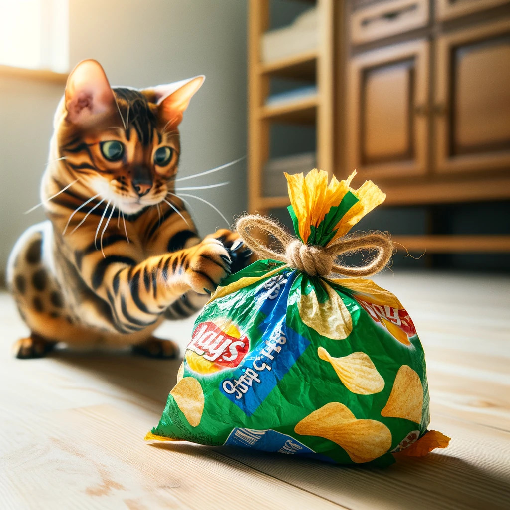 A simple DIY cat toy made from an empty potato chip bag tied in a secure knot which is listed as one of the best toys for Bengals