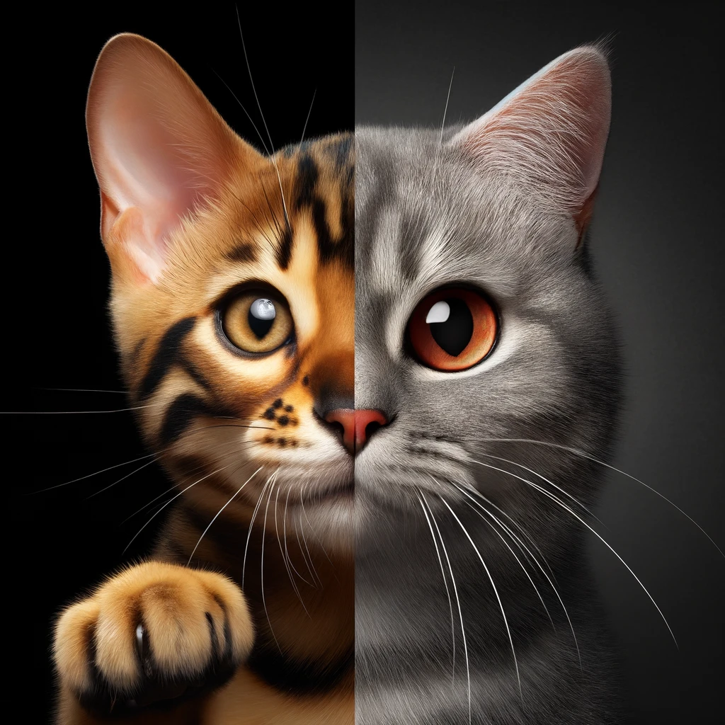 A split image showing a Bengal cat on one side and a common domestic cat breed for a section discussing how Bengals compare to other cats in aggression