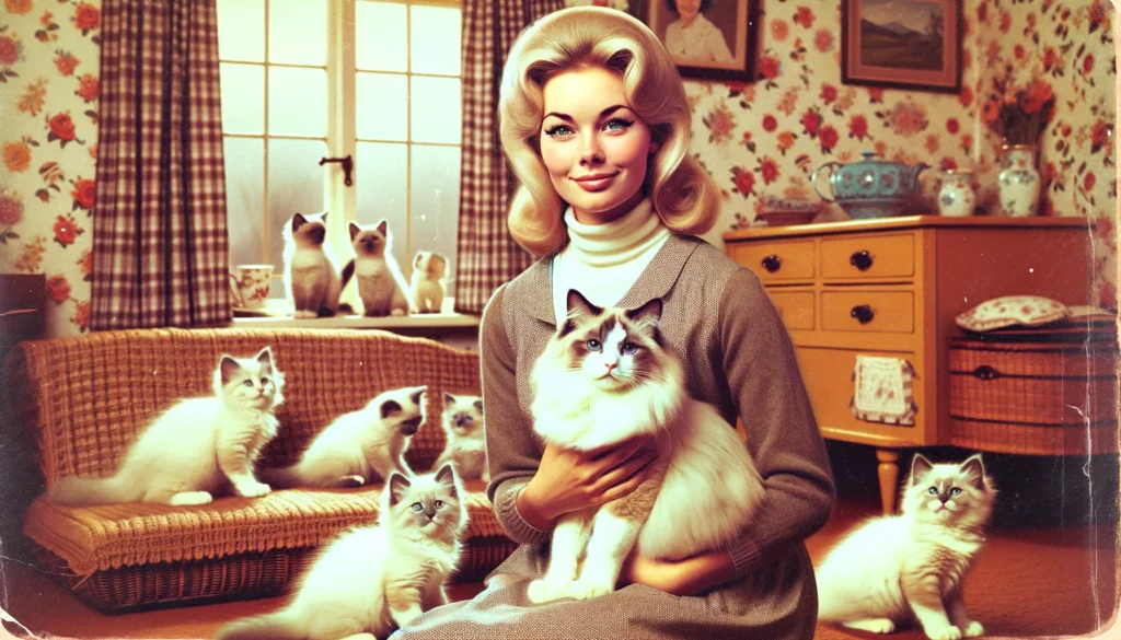 A vintage photo from the 1960s featuring Ann Baker, a woman in period-appropriate attire, holding a domestic longhaired white cat named Josephine. Anne baker was the one who created the Ragdoll Cat Breed