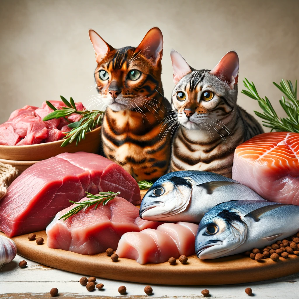 An image showcasing a variety of high-quality meats and proteins suitable for a Bengal cat's diet.