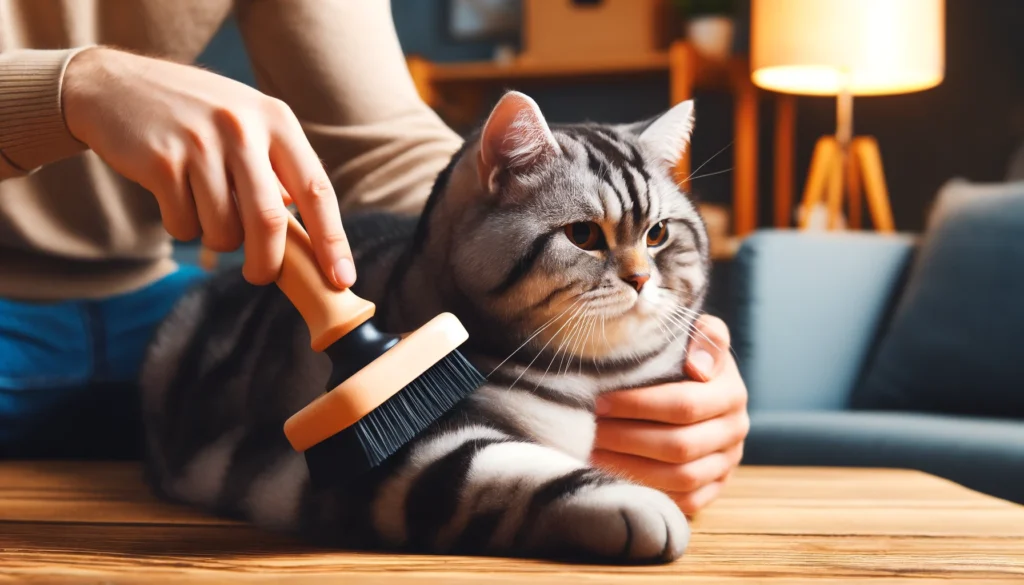 An image showing a person gently grooming an American Shorthair cat with a fine or soft brush.