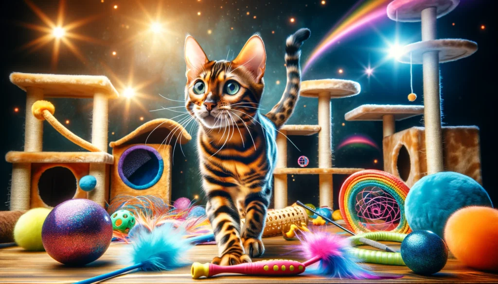 An image with a Bengal cat playing energetically with various toys in a vibrant and stimulating environment. The background should includes cat tree and other toys.