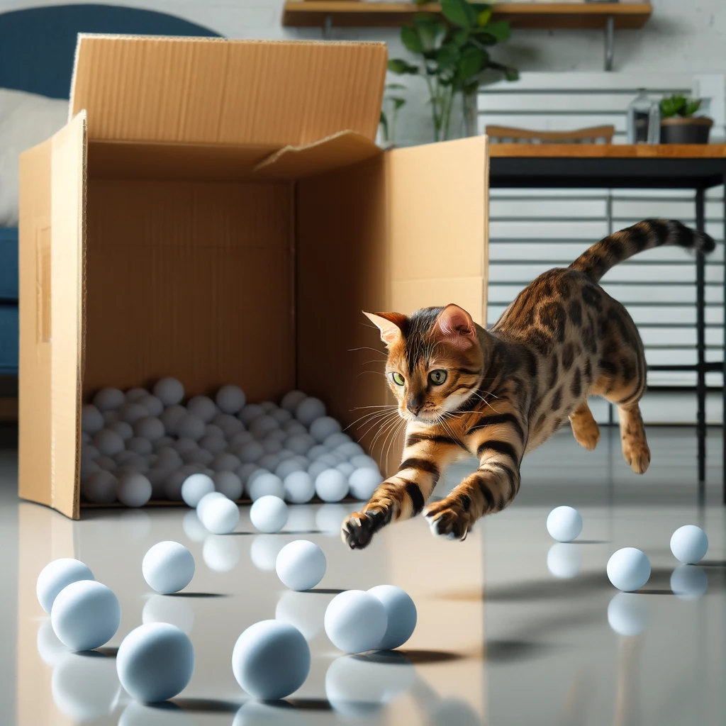 Bengal cat enthusiastically chasing a ping pong ball with ping pong balls listed as one of the cheap and best Bengal Cats toys