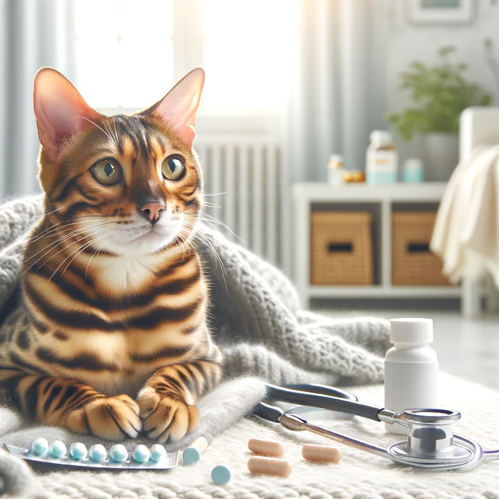 Bengal cat on a soft, cozy blanket with subtle medical elements like a stethoscope for a section about health issues in Bengal Cats