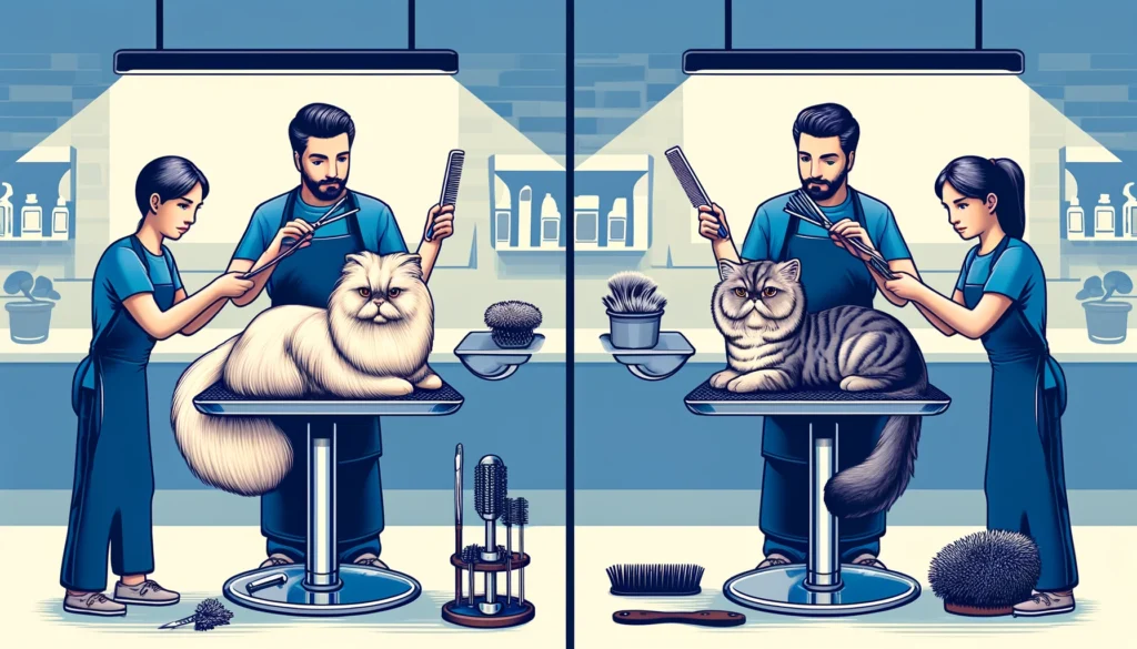 Illustration showing the grooming differences between Persian and Exotic Shorthair cats.