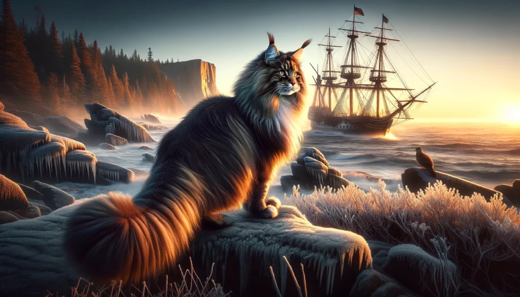 Image of A Maine Coon cat with a luxurious, bushy tail stands on a rugged New England coastline, symbolizing its historical ties