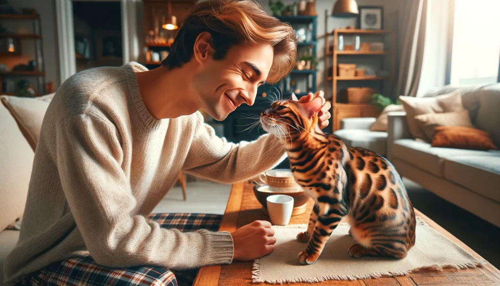 Image showing A Bengal cat showing affectionate behavior. The cat is head-butting its owner gently, with a content expression and purring.