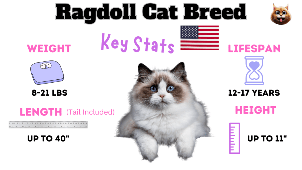 Visual showing the Ragdoll Cat Size including Weight, height and Length