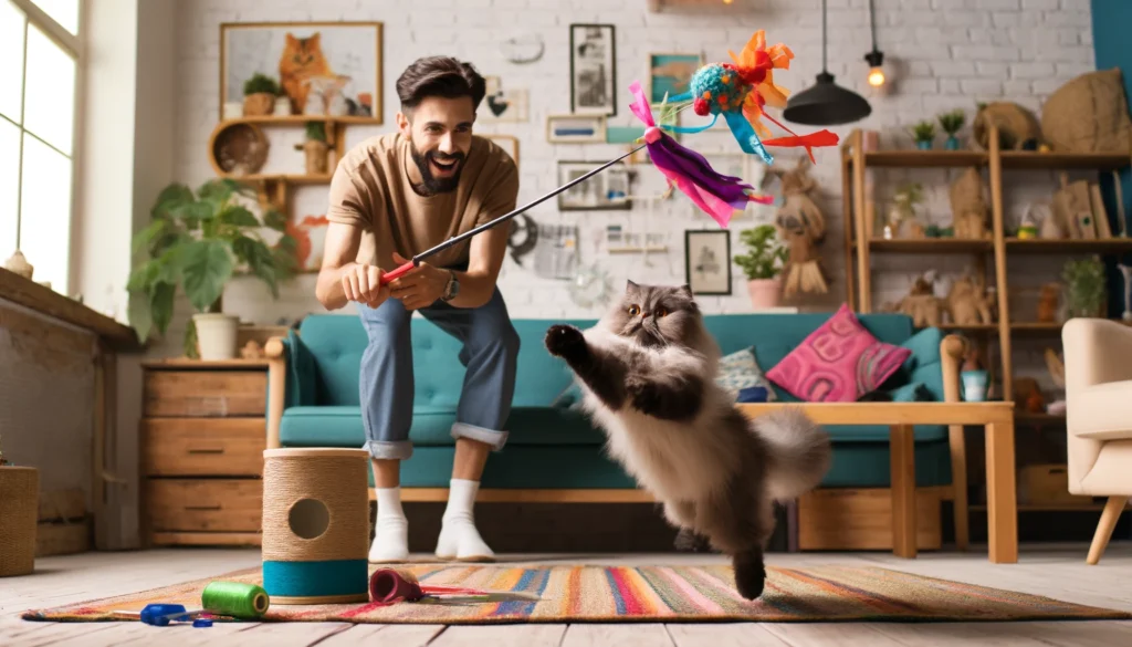 Scene depicting a cat owner playing with their Persian cat using a homemade 'Fishing Rod' toy listed as one of the fun things to do with your Persian Cat