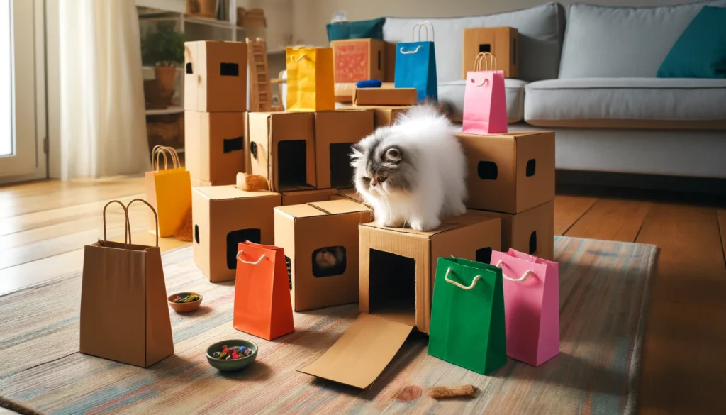 Scene in a living room where a Persian cat is engaging with a playful 'fort' made from cardboard boxes and colorful paper bag