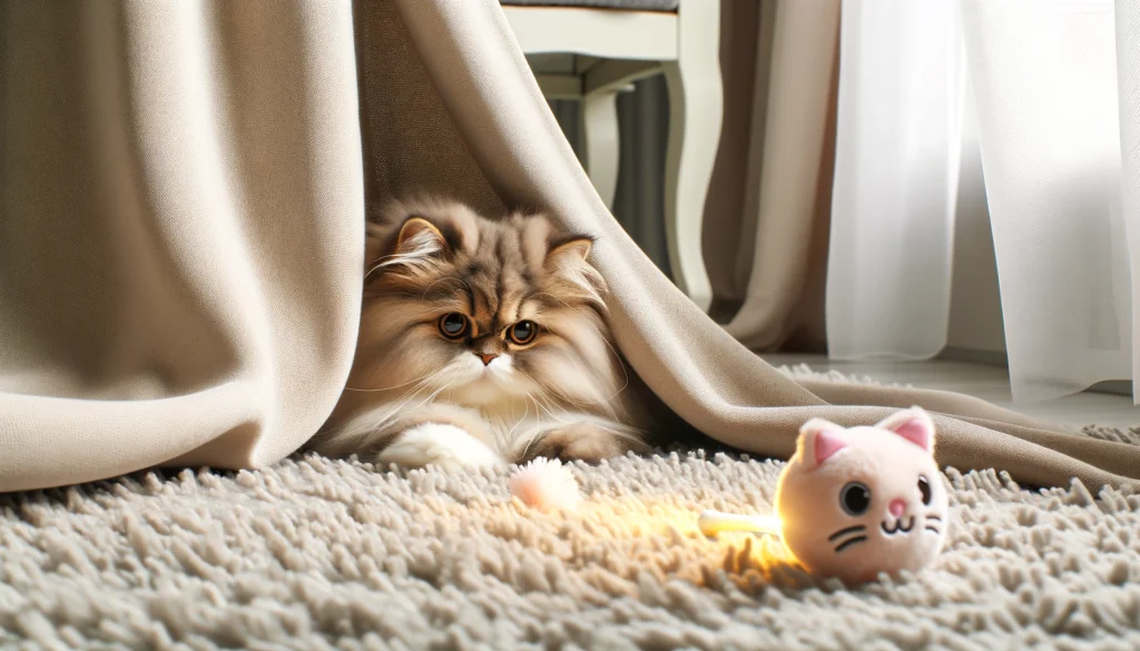 Scene of a Persian cat engaging in interactive games. The cat, fluffy and alert, is playing hide and seek, peeking out