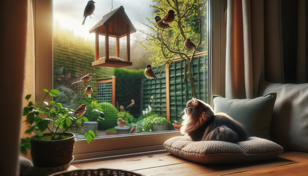 Scene of a Persian cat enjoying nature watching from inside a home listed as one of the fun things to do at home