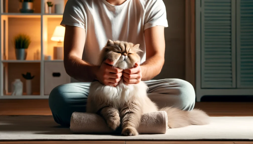 Scene of a cat owner giving a relaxing massage to their Persian cat listed as fun Things to Do with Your Persian Cat