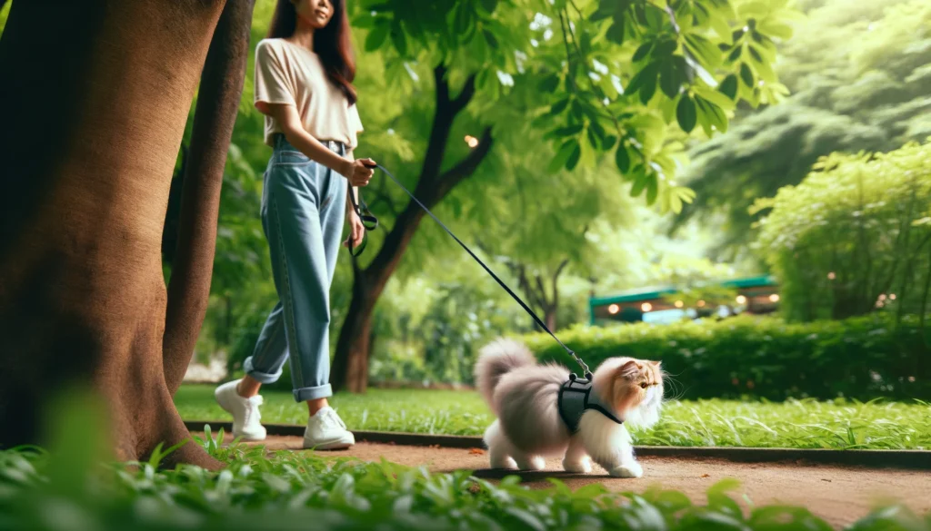  Scene of a cat owner leash walking their Persian cat in a lush, shaded park listed as one Fun Things to Do with Your Persian Cat