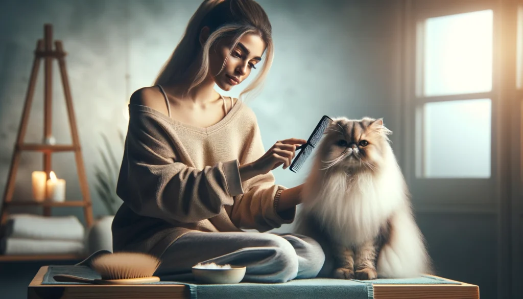 Scene of a luxurious grooming session between a cat owner and their Persian cat listed as one of the fun things to do with your Persian cat