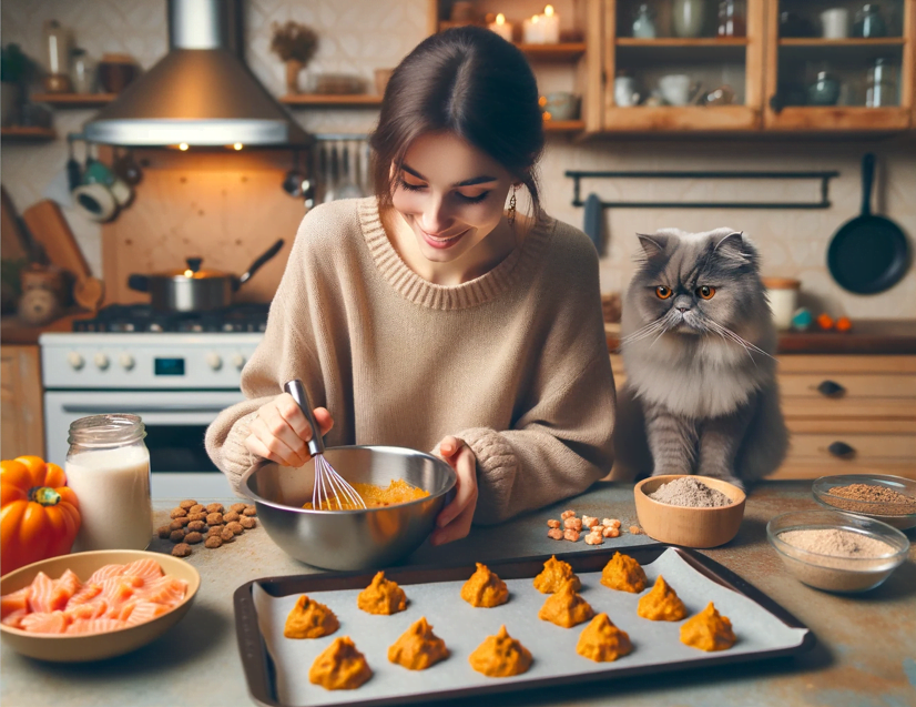 Scene where a cat owner is preparing DIY cat treats. The owner, i focused and cheerful mixing ingredients in a bowl which is one of the fun things to do with your Persian cat