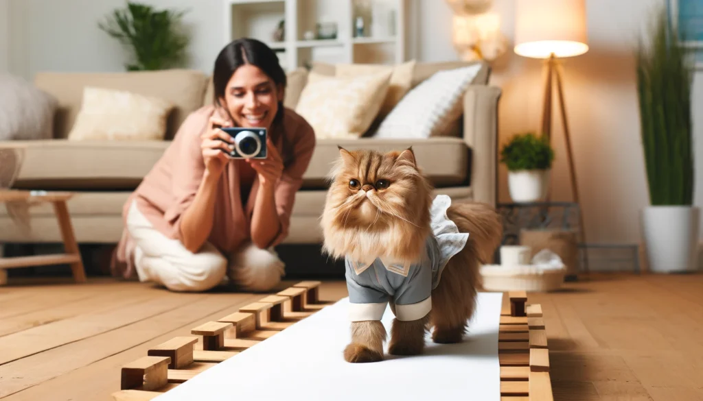 Scene with a Persian cat modeling a stylish, lightweight outfit. The cat, appearing regal and at ease