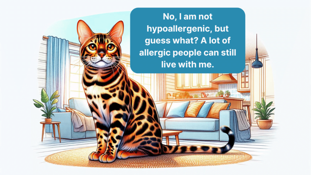 Visual answering the question: Are Bengal Cats Hypoallergenic. Showing a Bengal cat and explaining they they are not hypoallergenic cats