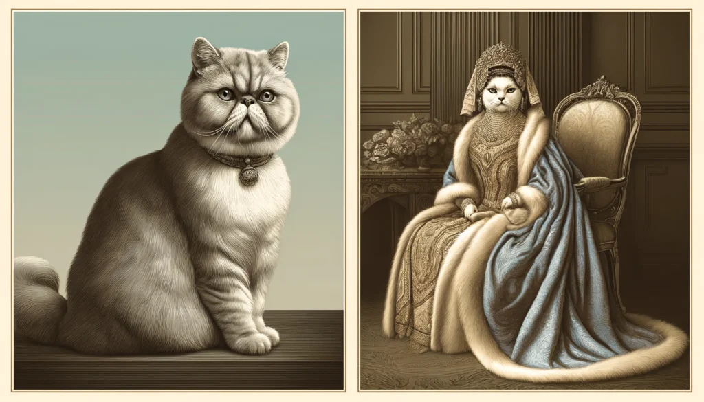 image depicting the historical and elegant origins of the Exotic Shorthair and Persian cats, side by side.