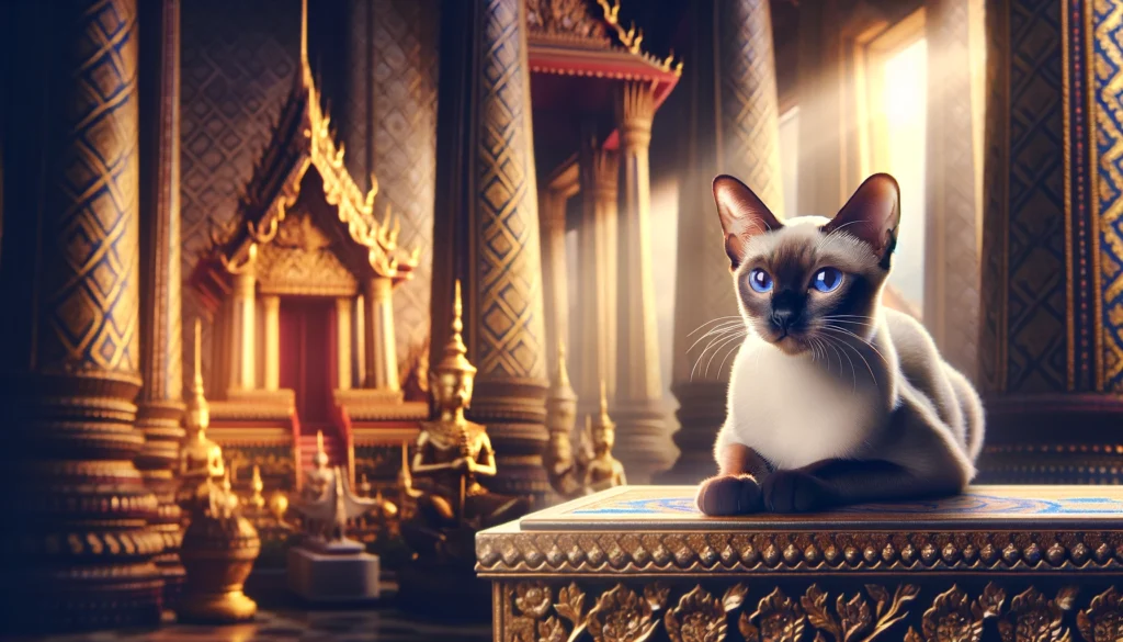 image depicting the historical origin of Siamese cats. The scene is set in a traditional Thai temple with intricate arch