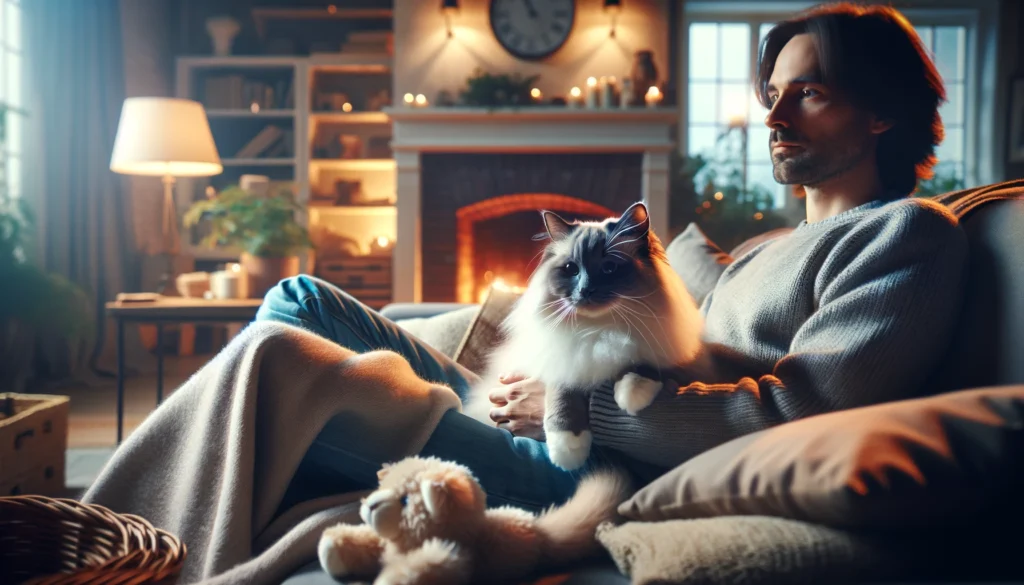 image of a Ragdoll cat comfortably sitting on a person's lap in a cozy home setting showing they are lap cats