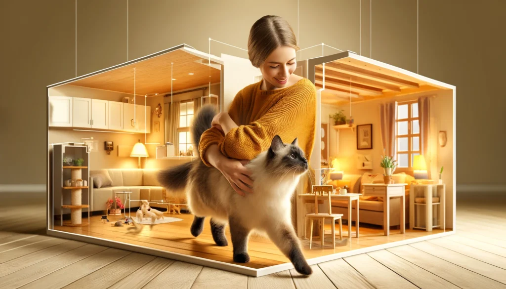 image of a Siamese cat in a warm, cozy home environment. The scene shows the cat close to its human companion, following them from room to room.