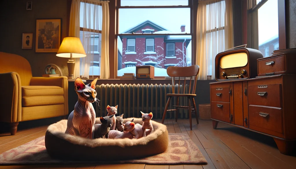 image showing the origin of the Sphynx cat breed. The scene is set in a cozy living room in 1966 Toronto, Canada.