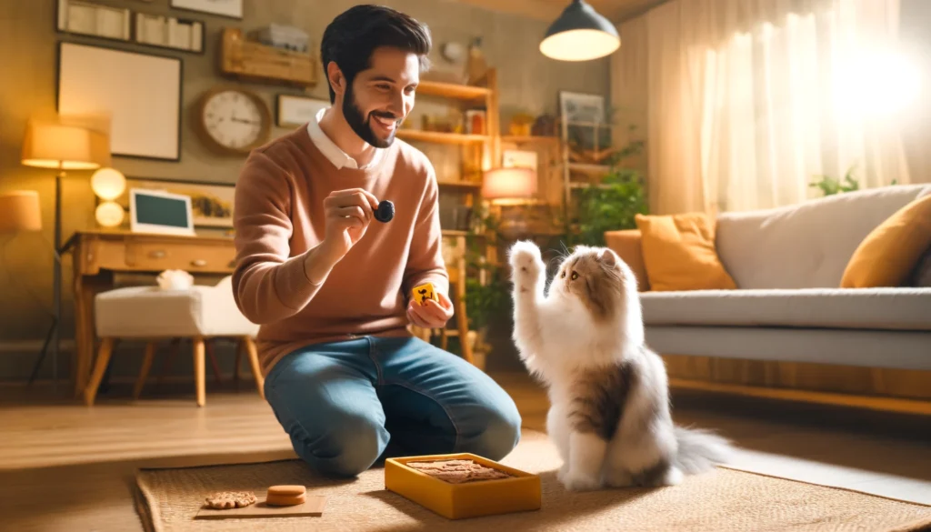 scene depicting a cat owner teaching their Persian cat tricks using clicker training in a cozy indoor setting listed as one of the fun things to do with your Persian cat