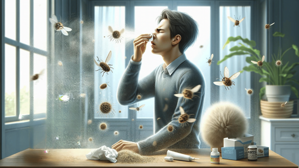 scene showing a person experiencing allergy symptoms such as sneezing, itching, watery eyes, and respiratory issues